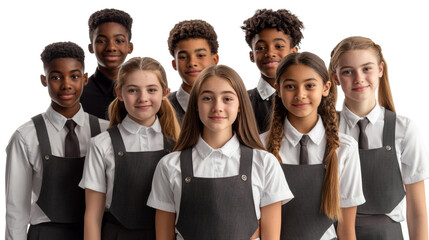 Diverse group of schoolchildren in uniform smiling at the camera.