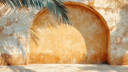 Palm Shadow on an Arched Wall with a Stone Floor