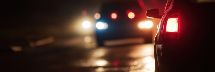 Cars maneuver with headlights and taillights glowing vividly in the night, representing motion and technology, with a modern and dynamic artistic style focus.