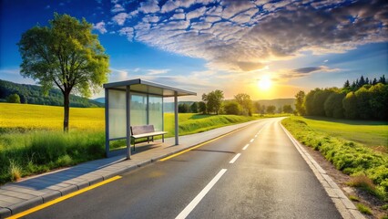 Fototapeta premium White Bus Stop Sign on Road with Yellow Lines - Landscape Photography