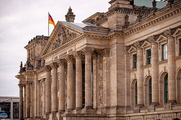 Fototapeta premium Governmental quarter of Berlin with the Parliament building Bundestag at sunset, Berlin, Germany