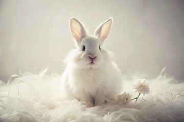 Obraz premium White Fluffy Bunny on White Background - Vintage Style Photography for Spring and Easter Celebrations