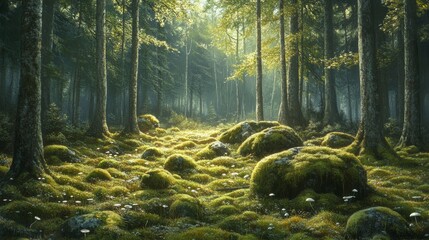 Sunlit Forest Floor with Mossy Rocks and Mushrooms