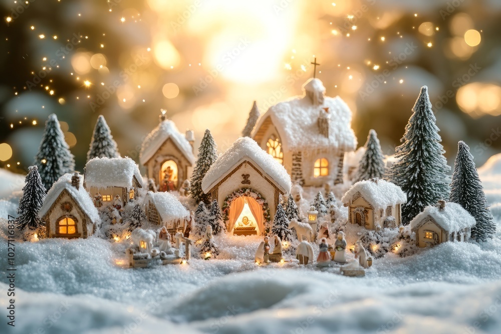 Canvas Prints A miniature Christmas village with a church, houses, and snow-covered trees.