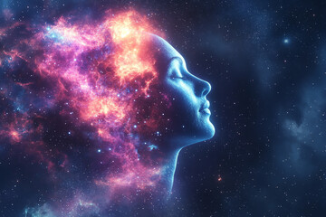 Stellar human consciousness, a glowing, colorful nebula flowing through a digital human profile, deep space background, mystical and futuristic abstract art copy space