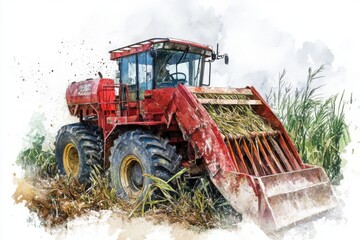 Red Tractor Working in Sugarcane Field