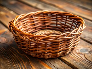 Obraz premium Wicker Empty Basket on Wooden Table - Rustic Decor Photography