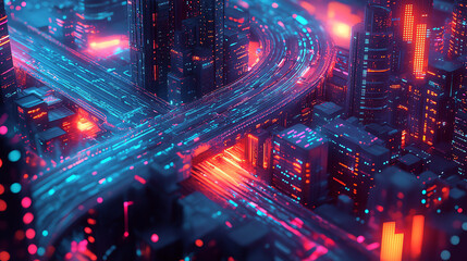 Futuristic city with data streams flowing in all directions, isometric view, illustrating data flow efficiency, digital tone, vivid