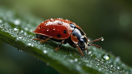 a vibrant ladybug perched on a dew-kissed leaf, its red shell glistening in the morning sunlight. Tiny droplets of water cling to its delicate legs and antennae, creating a sparkling effect.