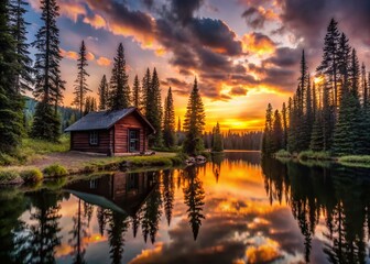 Wilderness Cabin Silhouette at Sunset - Tranquil Nature Escape