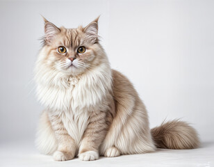 Elegant Persian cat with long, fluffy fur sitting upright. The cat displays a calm and regal demeanor, perfect for pet-related content or advertisements.