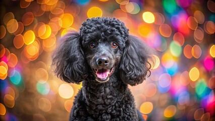 Wind Blown Black Poodle in Bokeh Effect Against White Background for Pet Lovers