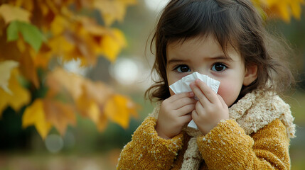 Small child with a tissue wiping their nose concentrated