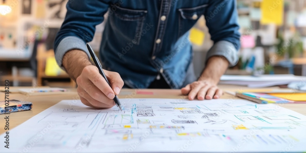 Poster a designer creating plans on paper at a workspace filled with colorful materials. the image showcase