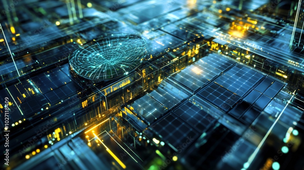 Poster abstract futuristic cityscape with glowing lines and digital patterns.