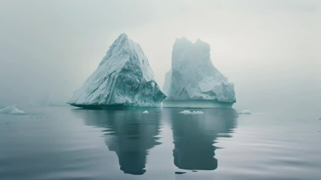 Two massive icebergs float in the still Arctic water, covered in fog, Icebergs floating in a frigid Arctic sea