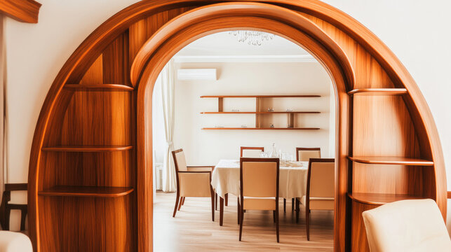 Curved Wooden Elegance: Arched Entryway and Beige Tones Create a Warm, Inviting Dining Area with Modern Flair