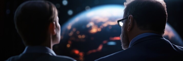 Fototapeta premium Two people gaze intently at Earth's luminous surface from a space observatory, highlighting curiosity, discovery, and humanity's quest for knowledge.