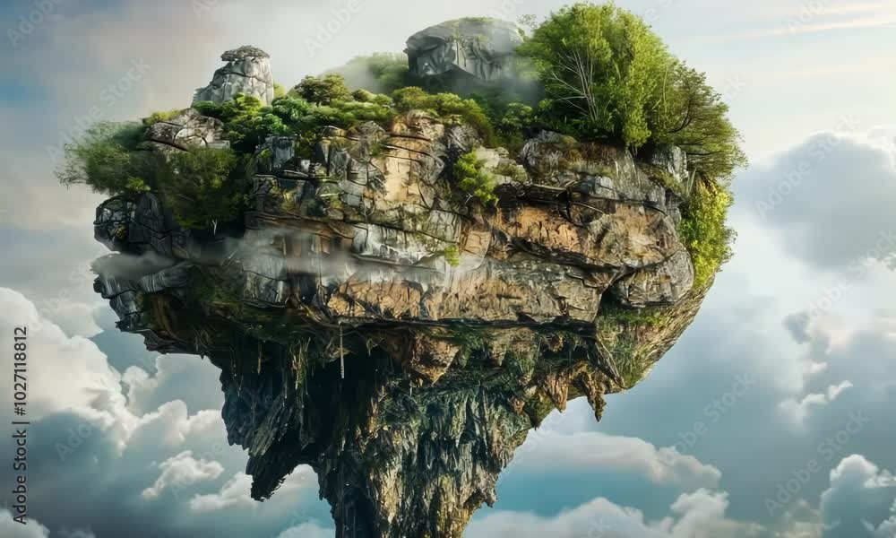 Poster a large island is floating in the sky with trees and clouds video