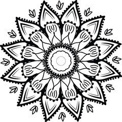 Simple, abstract and circle floral mandala art design, Alpona design, floral art design with black color on a white background for coloring book, relaxing cover, door alpona and various purposes.