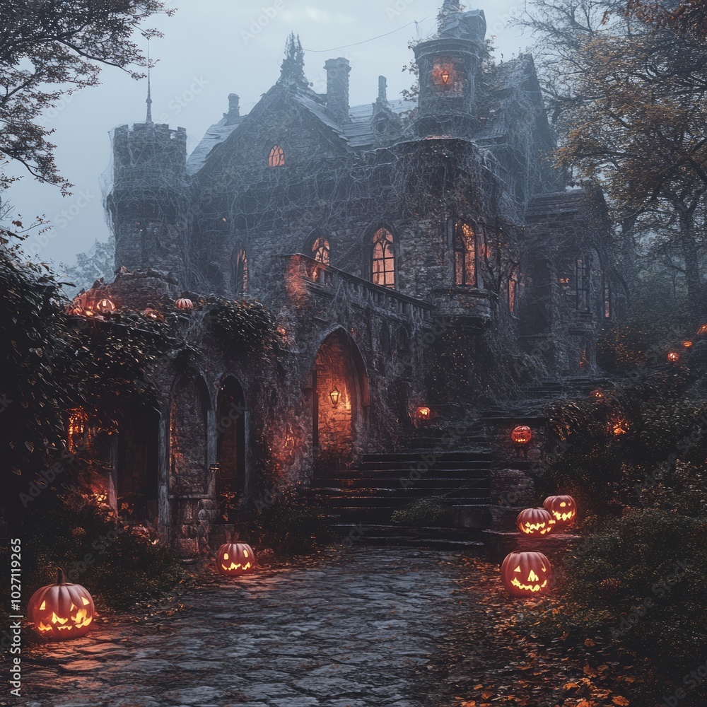 Poster A misty, gothic castle with lit jack-o-lanterns on the path leading to its entrance.