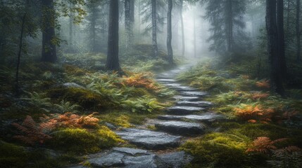 Obraz premium Stone Steps Leading Through a Misty Forest