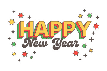 Happy new year text 3d retro cartoon design, winter holidays vintage typography isolated vector 