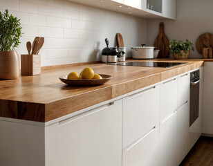 Empty wooden table with the bright white interior of the kitchen as a blurred background behind the bokeh golden sunshine