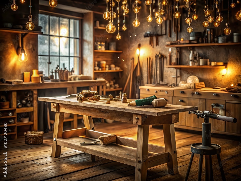 Poster wooden workbench in workshop with bokeh effect - ideal for craftsmanship and diy projects