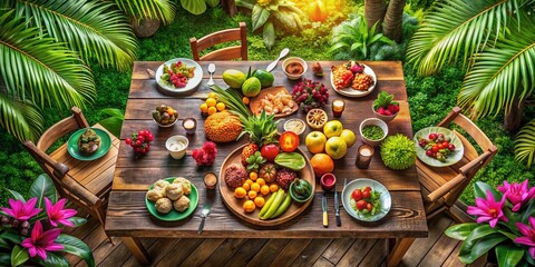 Fototapeta premium Wooden Table in a Lush Tropical Garden - Serenity and Nature's Beauty