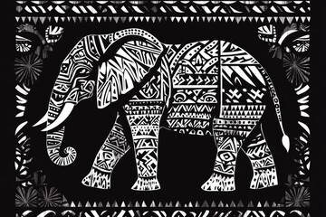 Fototapeta premium Black and white elephant walking with traditional ornaments on skin