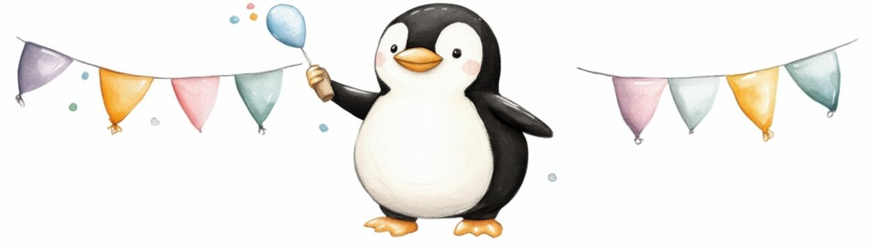 A cute penguin holding a blue balloon with colorful bunting in the background, creating a fun and festive celebration theme..