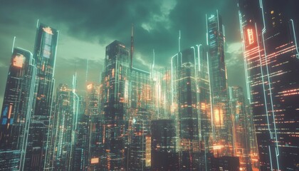 Fototapeta premium Futuristic cityscape with glowing lines and neon lights.