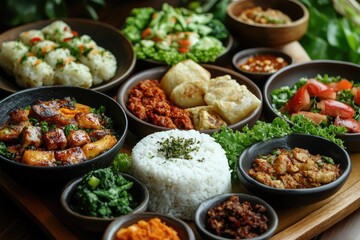 Fototapeta premium Assorted indian dishes served on rustic wooden table for dinner party