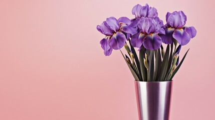 A tall metal vase with deep purple irises on a pale pink background © P.manthana