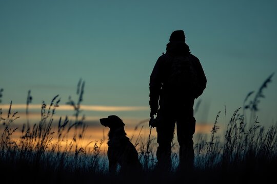 Hunter and dog standing in field at sunset silhouette