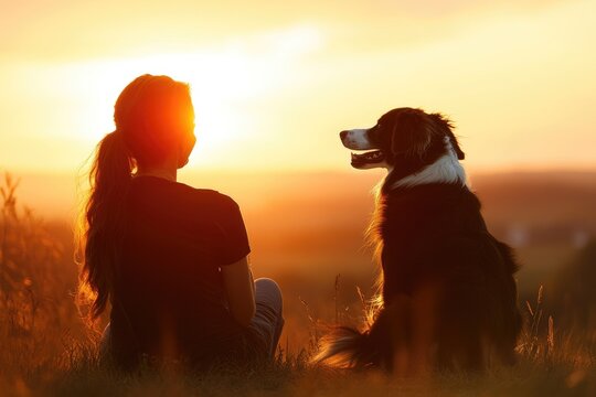 Woman and dog enjoying sunset in the countryside - Powered by Adobe