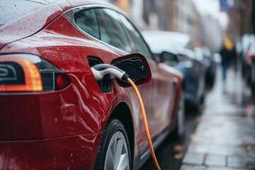 Red electric car charging at station on city street