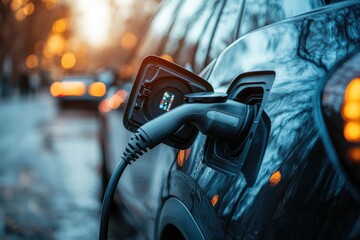 Electric car getting recharged at public charging station in the city
