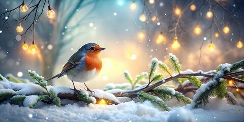 Christmas Robin Snow Background, Festive Backdrop with Soft Lighting and Winter Magic for Graphic Design and Posters
