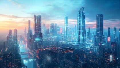 Fototapeta premium Futuristic cityscape with skyscrapers and glowing lights at sunset.