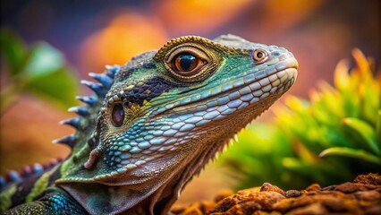 Obraz premium Young Australian Water Dragon in a Miniature Landscape - Tilt-Shift Photography Effect