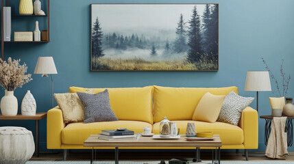 Contemporary Haven: Yellow Sofa and Artistic Wall Accents in a Serene Foggy Forest Setting