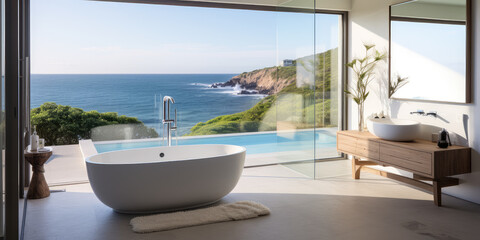 Luxurious Coastal Bathroom with Breathtaking Ocean View