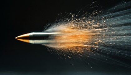 A bullet in flight, surrounded by a bright orange flash and streaks of smoke.