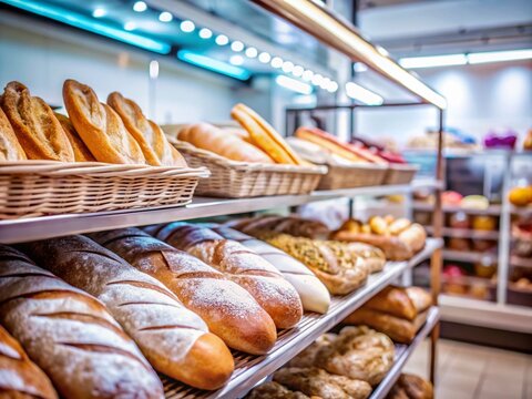 Freshly Baked Bread in Grocery Hypermart Pastry Department - Food Photography