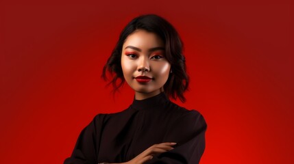 Fototapeta premium Black woman in black blouse with confident pose against red background