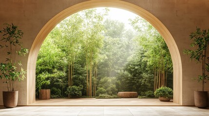 Arched Window Framing a Tranquil Bamboo Forest