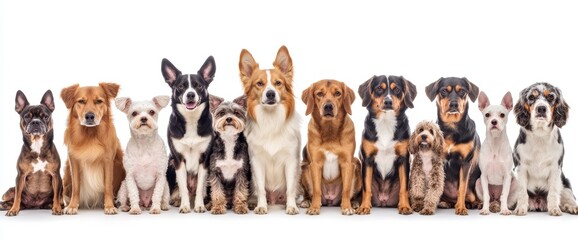 Group of mixed breed dogs sitting in a row looking at the camera.