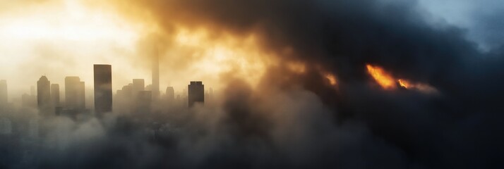 Obraz premium Dramatic sunset scene with a smoky city skyline and fiery clouds capturing the contrast between nature's beauty and urban developments under the golden light.